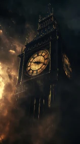 Gothic clock tower engulfed in dramatic burning clouds.
