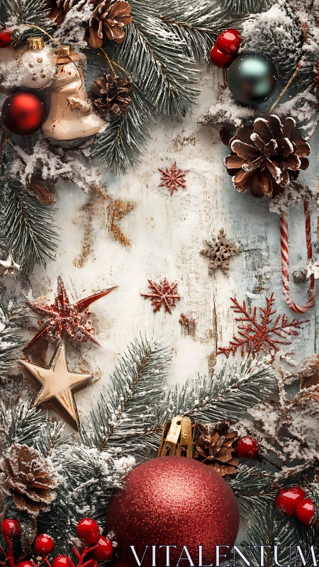 Frosted pine branches sketch a shimmering Christmas frame