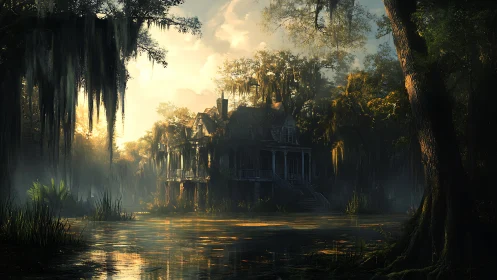 Swamp-light drapes an abandoned mansion in liquid gold haze