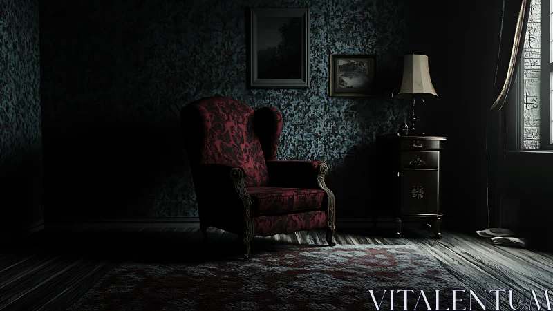 Velvet wingback chair in dim vignette-lit vintage parlor.