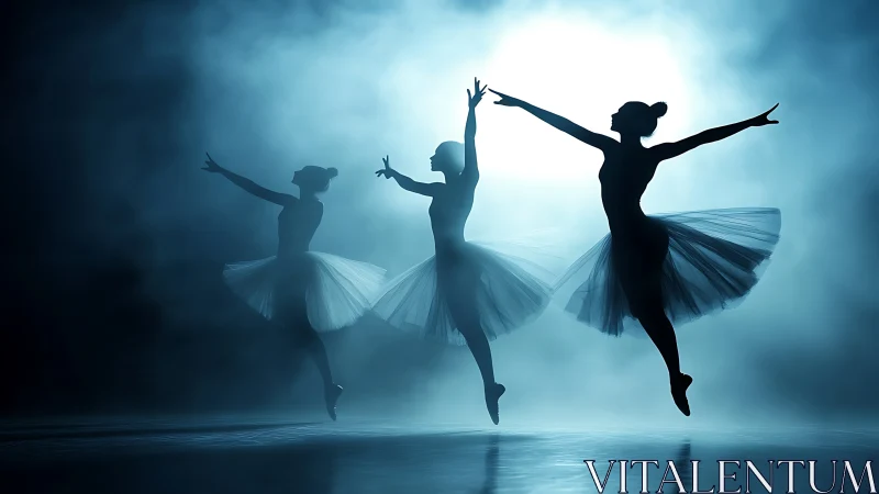 Silhouetted ballet dancers hold extended poses on misty stage