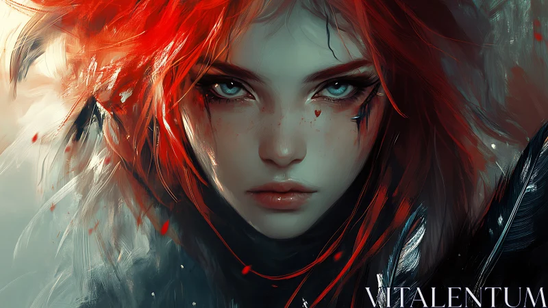 Fierce red‑haired muse with stormy eyes and quiet fire.