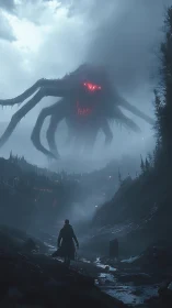 Lone wanderer confronts colossal red eyed void beast in fog