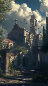 Sunlit overgrown stone basilica exhibits advanced volumetric light