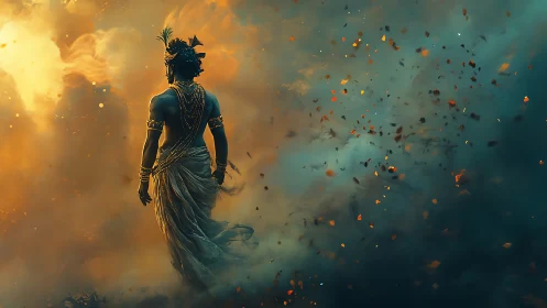 Divine blue figure walking through swirling golden smoke.