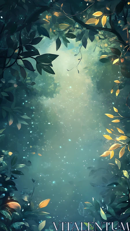 Forest canopy with luminescent particles and foliage.