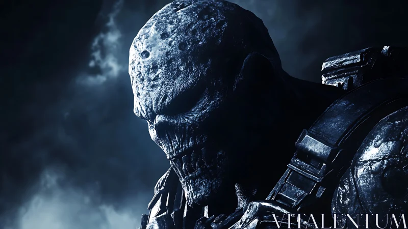 Lunar-textured armored creature rendered in dramatic side light