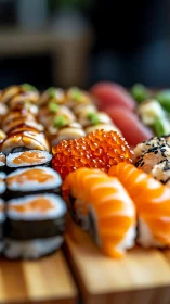 Salmon-bright sushi battalion marches across bamboo planks