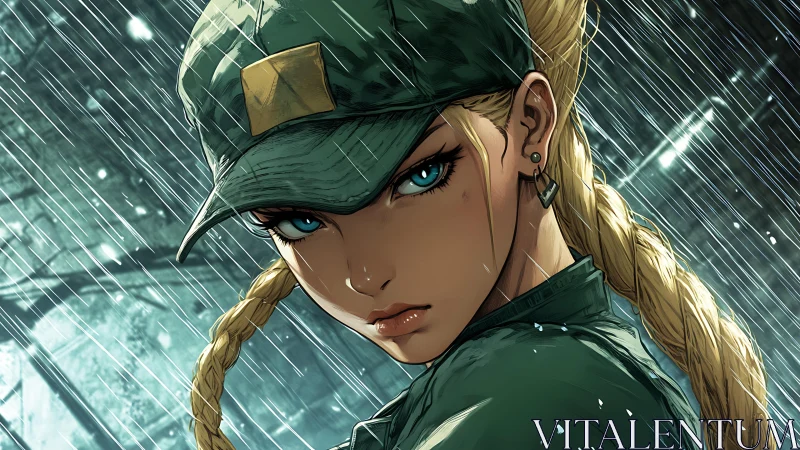 Female soldier character in rain is rendered in sharp detail