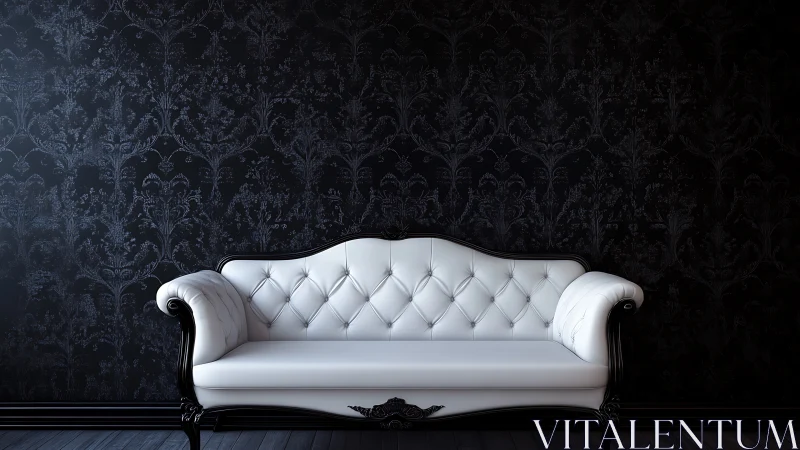 White tufted sofa contrasts elegantly against dark damask wall.