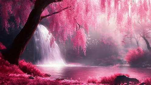 Blossom-drenched waterfall dreaming in electric pink hush.