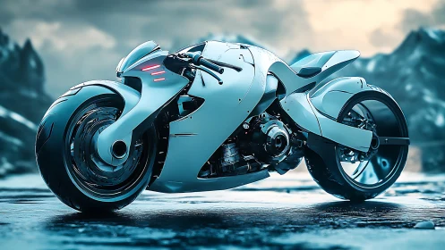 Futuristic white hoverbike stands on icy alien landscape.