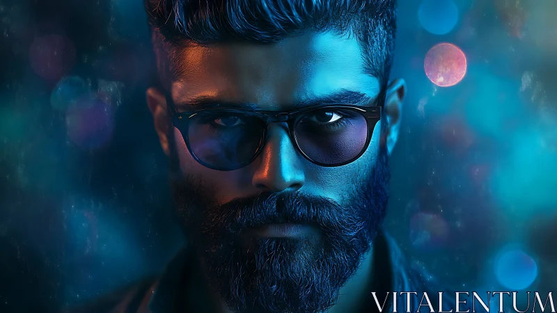 Neon-slick bearded stranger under electric midnight constellations.