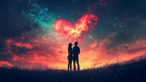 Two silhouetted figures stand beneath cosmic heart nebula