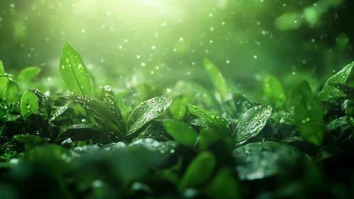 Sunlit dew on fresh green leaves sparkles in soft focus.