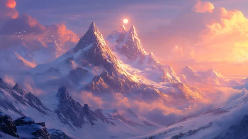 Sunlit fantasy peaks above glowing clouded ranges.