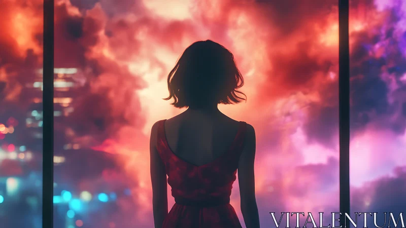 Digital painting of woman at neon-lit window in chromatic haze.