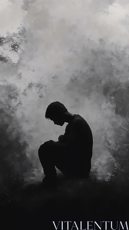 Silhouetted person sits curled in fog-like grayscale haze