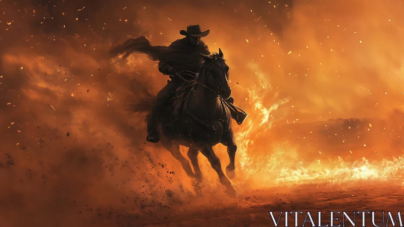 Silhouetted Cowboy Riding Horse Through Intense Fire
