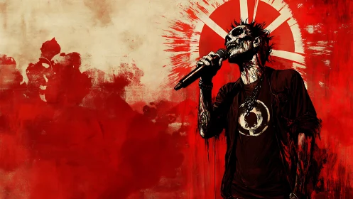 Skull-voiced rocker howls beneath bleeding sunburst halo.