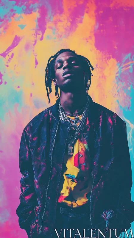 Portrait of stylish man before vivid abstract backdrop.