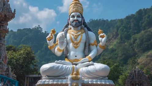 Mountain temple deity statue radiates calm in clear daylight.