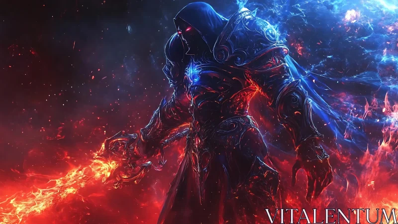 Hooded demon knight wields blazing sword in cosmic firestorm