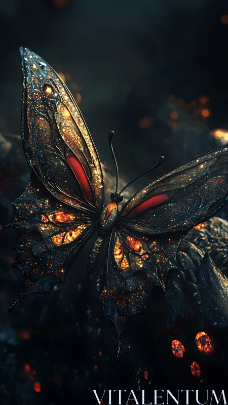 Firelit butterfly with molten wings in a twilight garden.