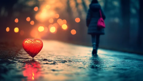A Glowing Heart Awaits on the Rainy Street.