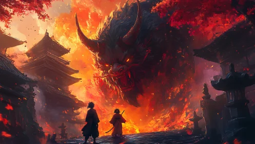 Temple inferno duel beneath a horned oni of living flame.