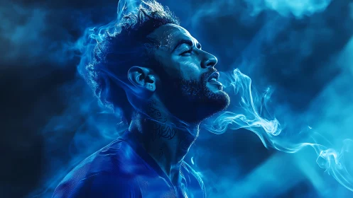 Side profile portrait shows male figure in blue smoke