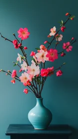 Pink blooming branches arranged in turquoise ceramic vase.