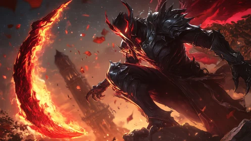 Armored fiery warrior poised against burning skyline.