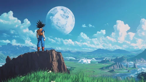 Saiyan warrior overlooking vast green valley and moon.