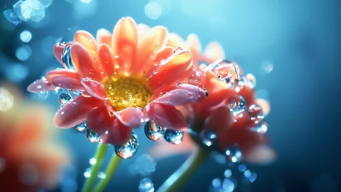 Red Gerbera Daisy with Spherical Water Droplets Under Blue Backlighting.
