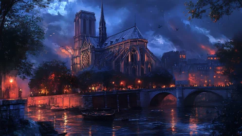 Gothic riverside cathedral rendered in high-contrast twilight firelight