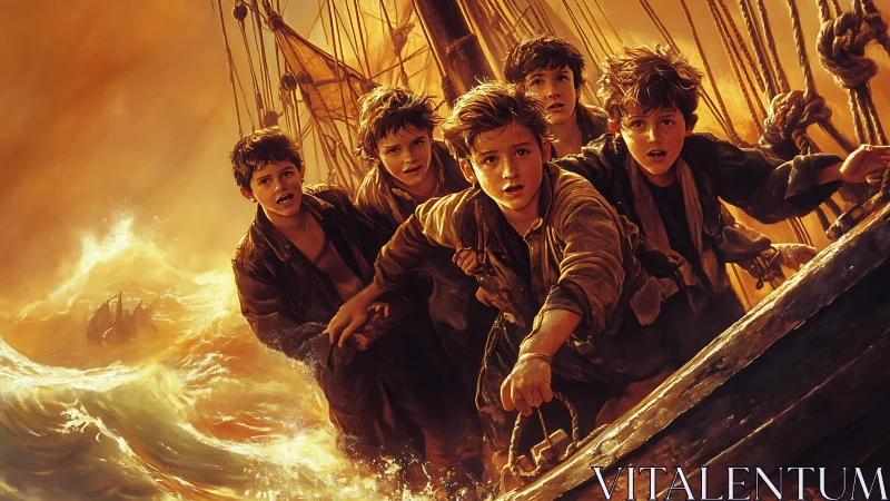 Storm-tossed wooden sailboat with five frightened boys aboard