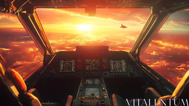 Cockpit interior view toward sunset over cloud layer.