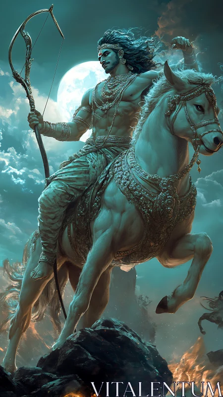 Moonlit warrior crowns the tempest on a rearing celestial steed