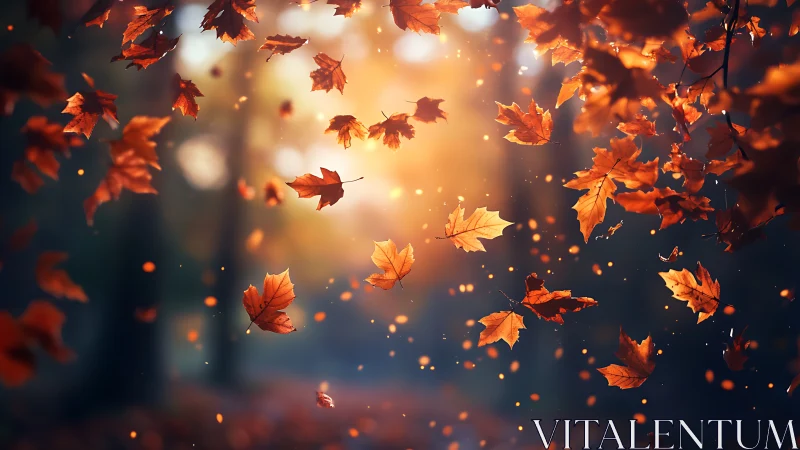 Falling autumn leaves glowing in a warm forest sunset.