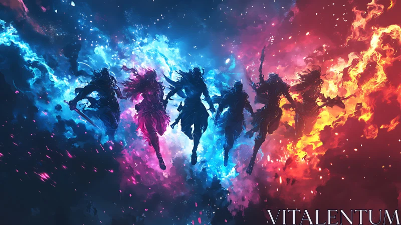 Elemental warrior silhouettes in chromatic cosmic nebula field