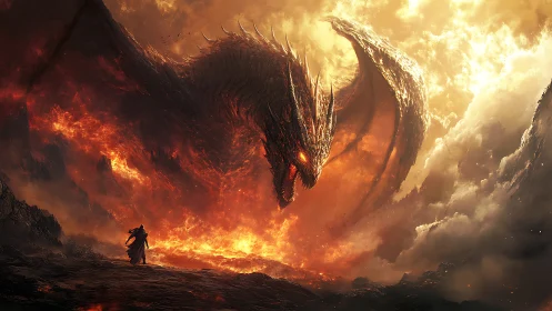 Inferno crowned dragon stoops to confront a lone ember knight