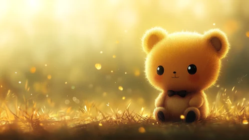 Furry toy bear with bow tie in soft golden field light.