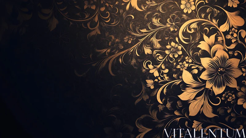 Gold Floral Ornamental Pattern on Black Background.