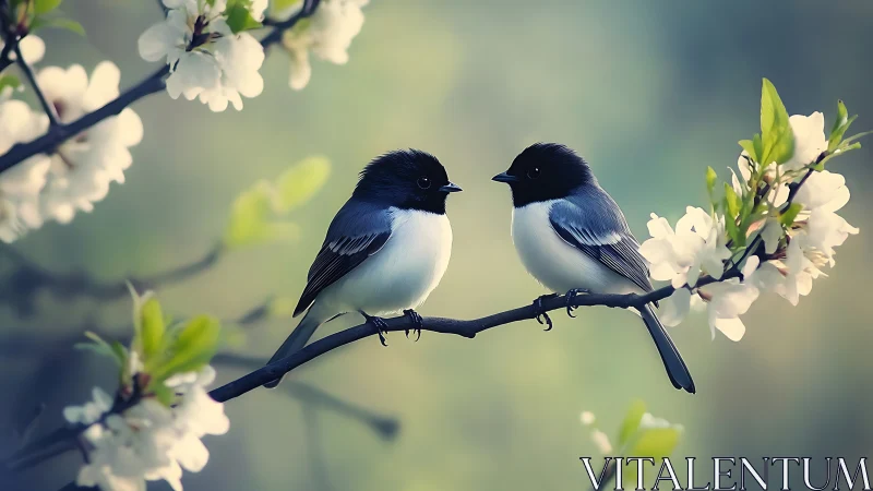 Two Black-and-White Songbirds on Blossom Branch, Soft Pastel Style.