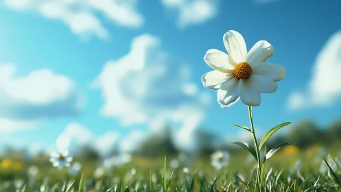 Radiant White Daisy Blooms Against a Perfect Blue Sky