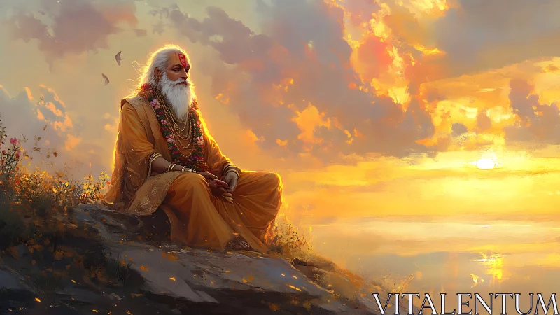 Sunset sage in saffron robes cradling the quiet horizon.
