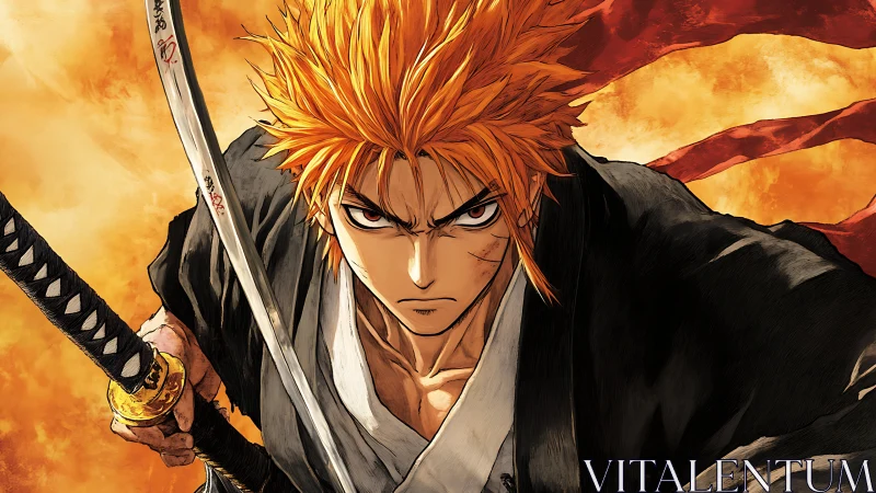 Orange-haired swordsman holds katana before warm backdrop