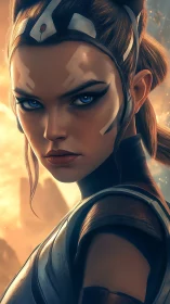 Warrior portrait captures intense gaze in glowing dusk