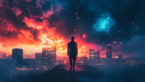 Silhouette stands before city skyline under divided sky